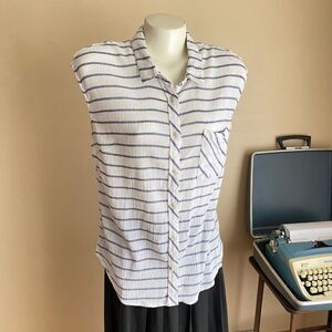 Merona Women's L Sleeveless White Blue Striped Semi Sheer Button Down Blouse